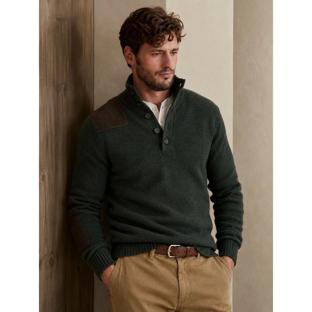 Banana Republic Heritage Merino Wool Sweater M Green Quarter Button Elbow Patch